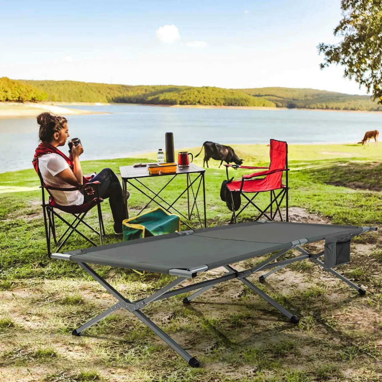 Tangkula Folding Camping Cot, Foldable Sleeping Cot with Side Storage Pocket with Carry Bag