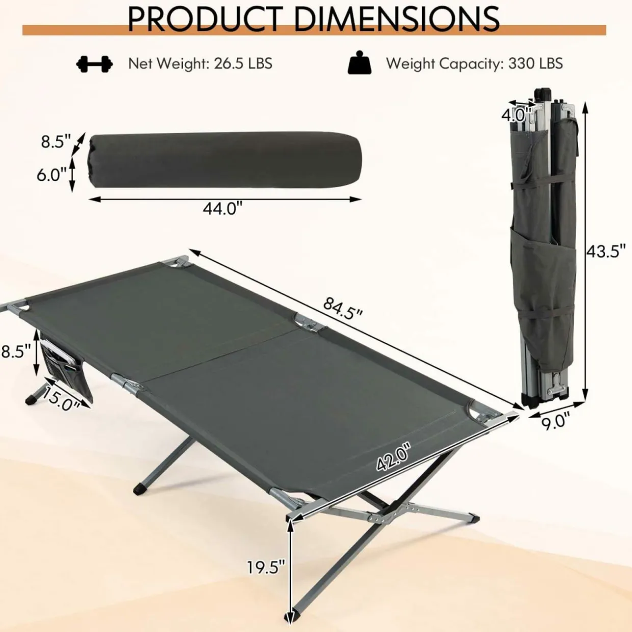 Tangkula Folding Camping Cot, Foldable Sleeping Cot with Side Storage Pocket with Carry Bag
