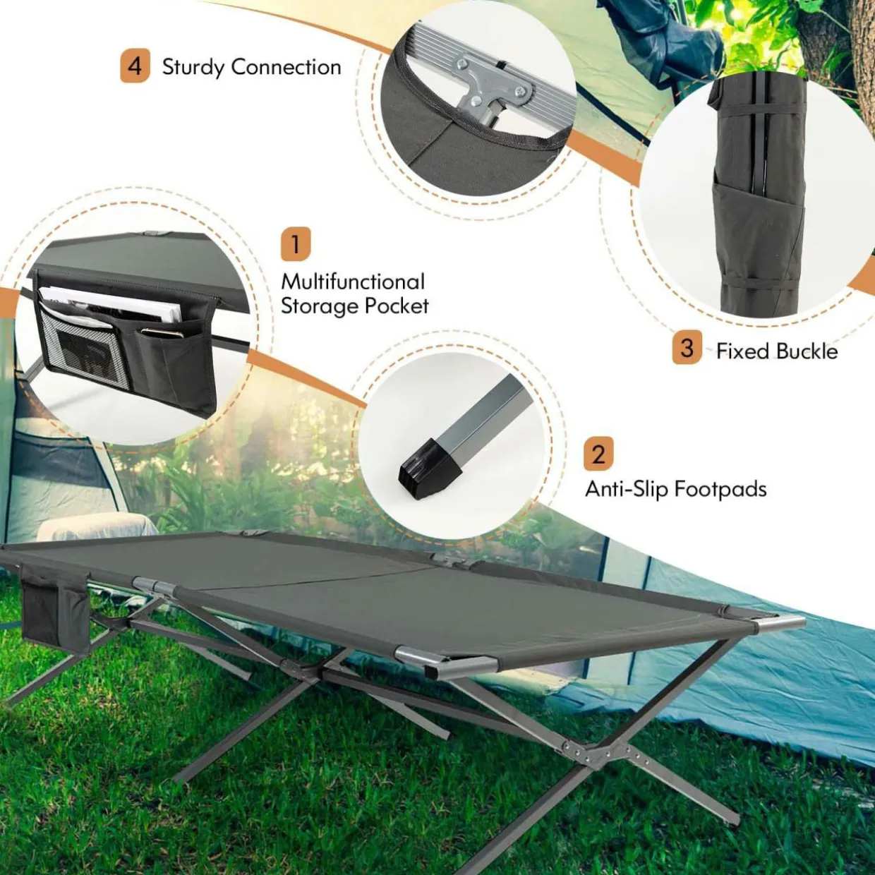 Tangkula Folding Camping Cot, Foldable Sleeping Cot with Side Storage Pocket with Carry Bag