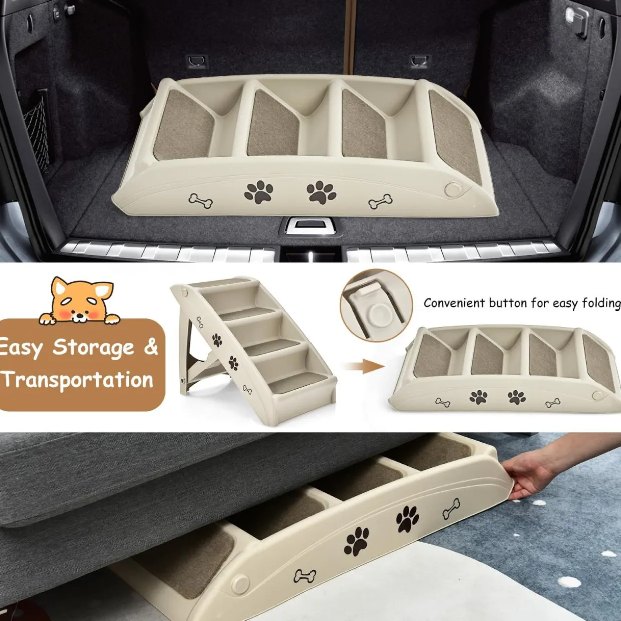 Tangkula Folding Dog Stairs for High Beds, 4 Steps Plastic Dog & Cat Steps with Non-Slip Felt Pad