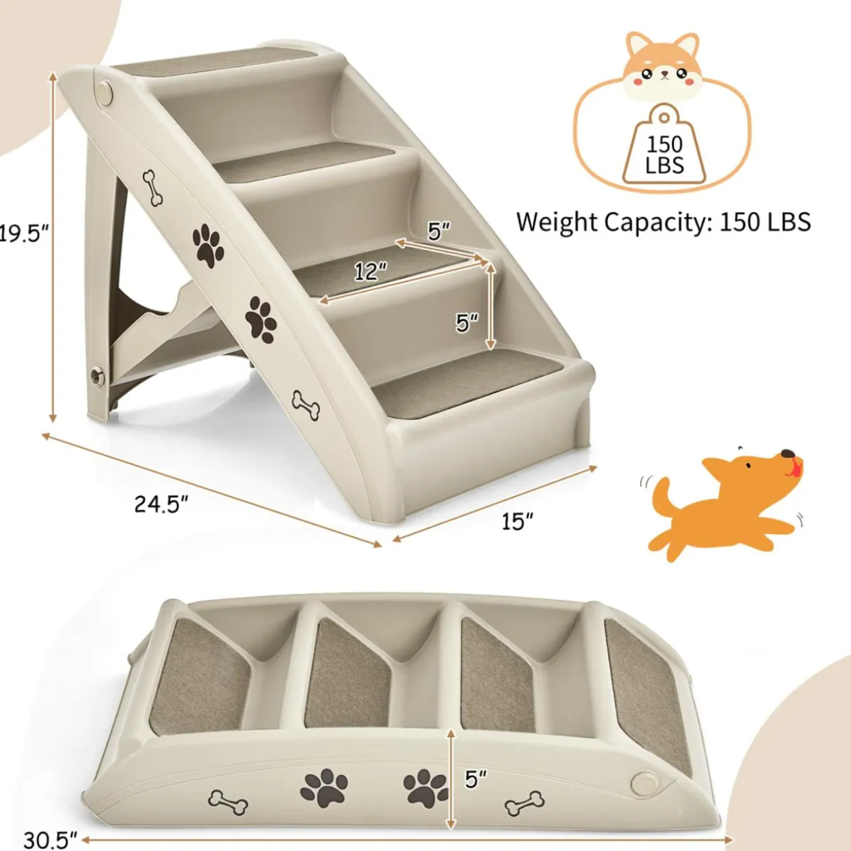 Tangkula Folding Dog Stairs for High Beds, 4 Steps Plastic Dog & Cat Steps with Non-Slip Felt Pad
