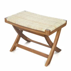 Tangkula Folding Natural Rattan Ottoman, Saddle Footrest Stool with Hand-Woven Seat & X-Shaped Teak Wood Frame