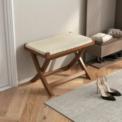 Tangkula Folding Natural Rattan Ottoman, Saddle Footrest Stool with Hand-Woven Seat & X-Shaped Teak Wood Frame