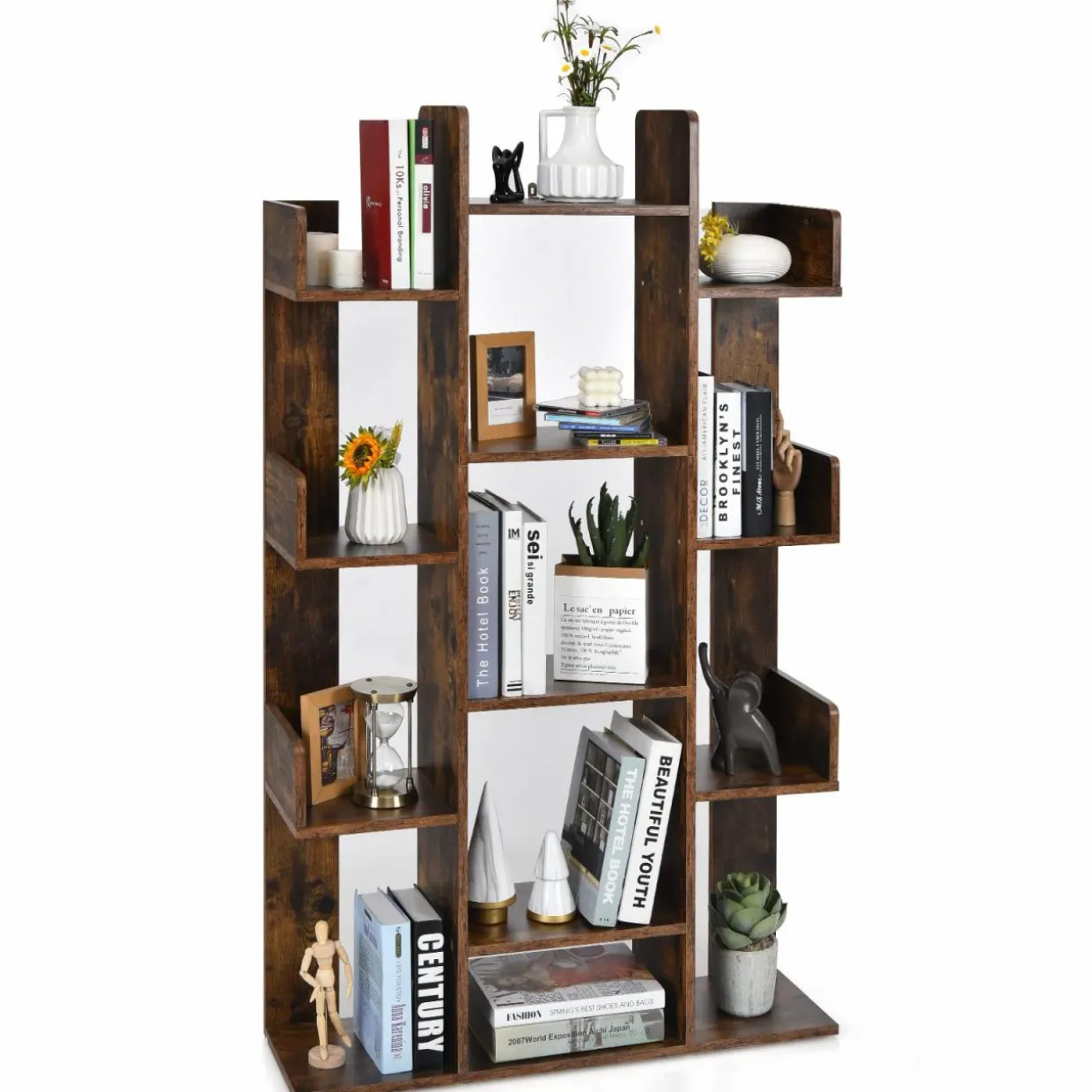 Tangkula Freestanding Tree Bookshelf, Corner Storage Organizer with 13 Open Shelves