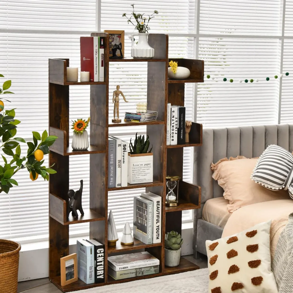 Tangkula Freestanding Tree Bookshelf, Corner Storage Organizer with 13 Open Shelves