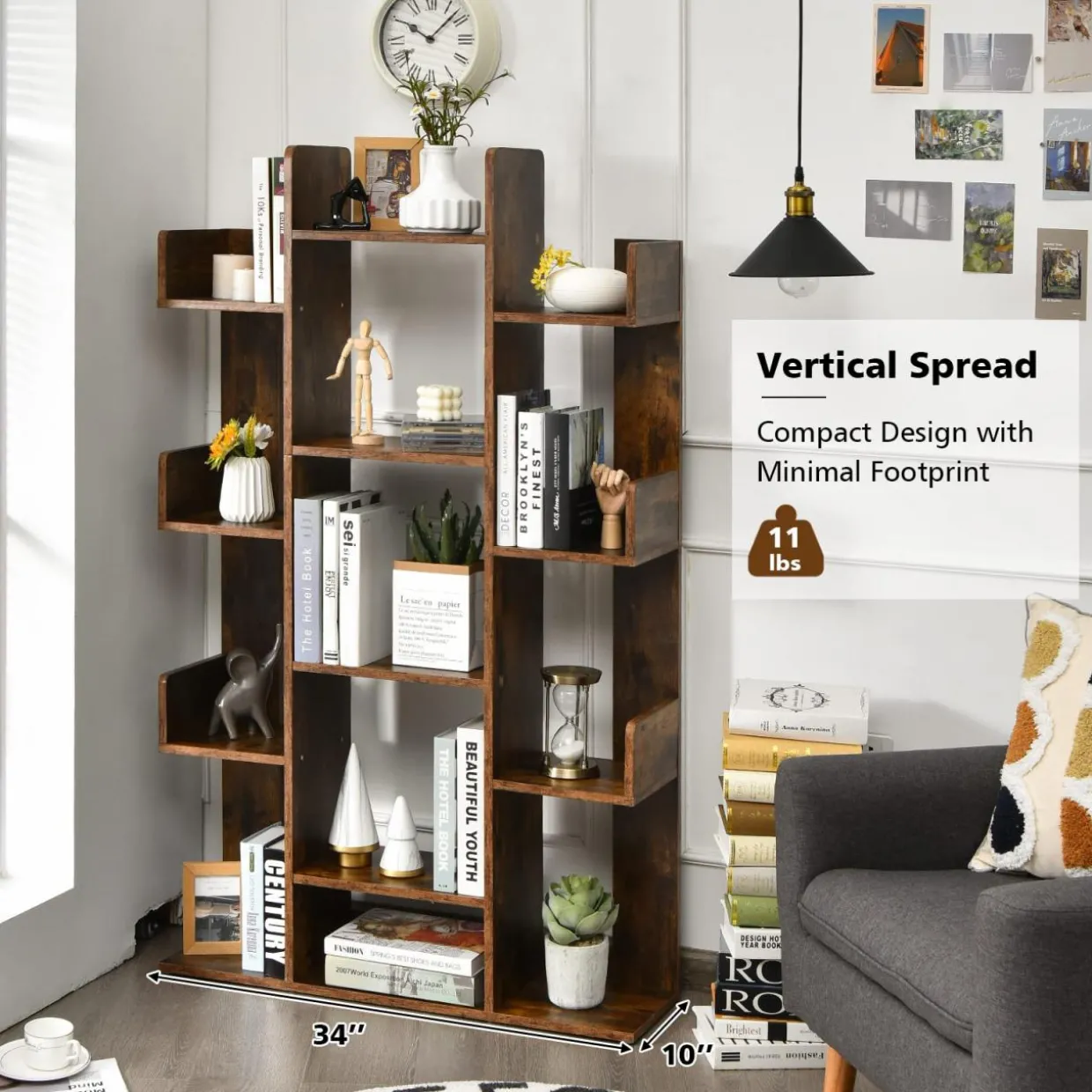 Tangkula Freestanding Tree Bookshelf, Corner Storage Organizer with 13 Open Shelves