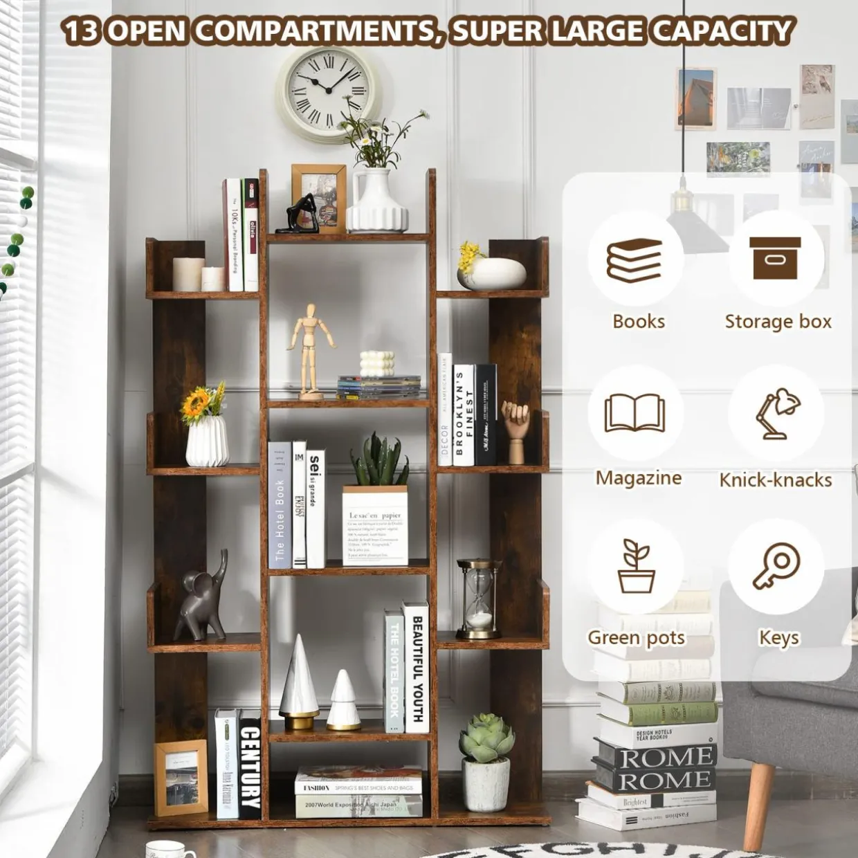 Tangkula Freestanding Tree Bookshelf, Corner Storage Organizer with 13 Open Shelves