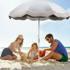 Tangkula 6.5FT Beach Umbrella with Fringe, UPF50+ Outdoor Boho Umbrella with Tassels, Push Button Tilt