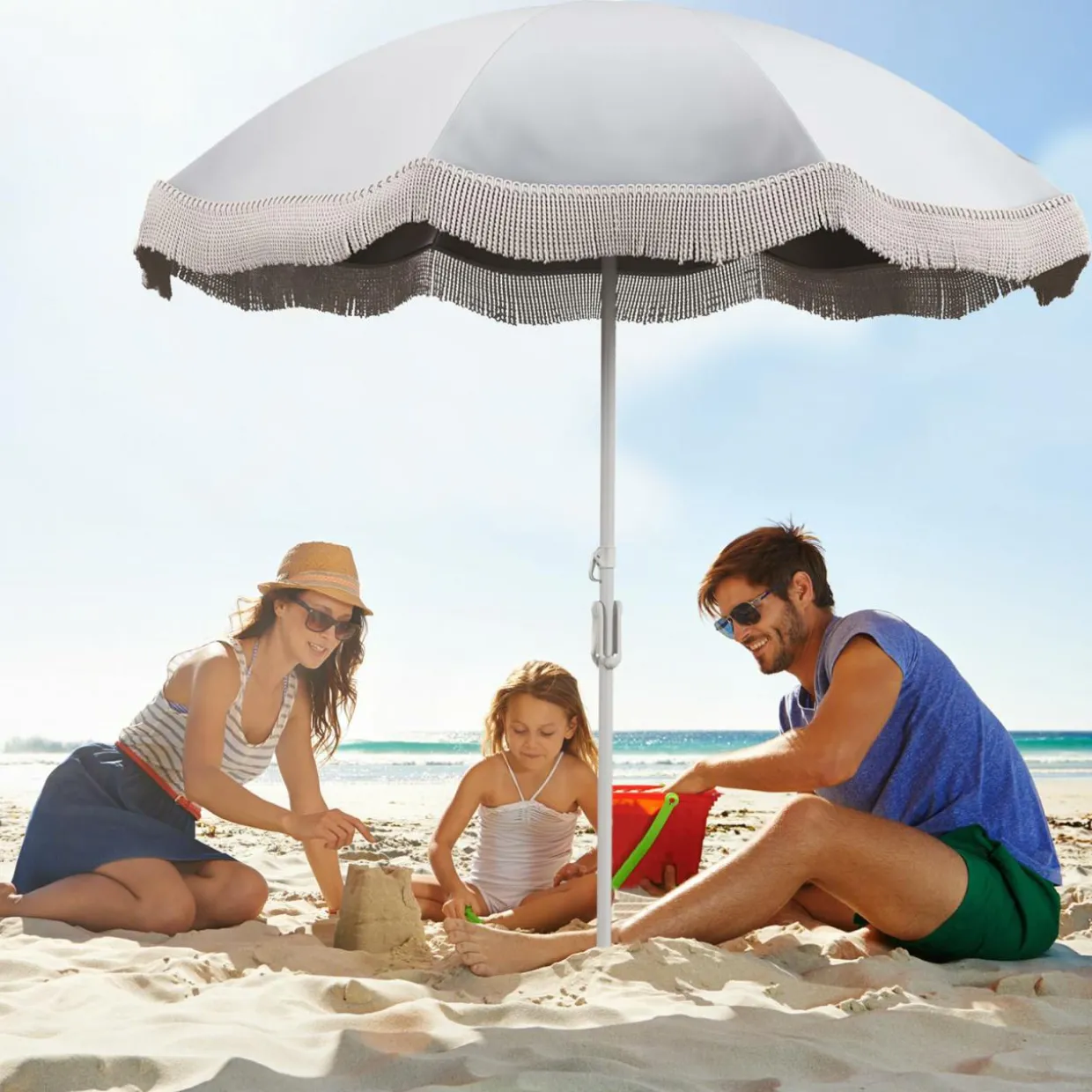 Tangkula 6.5FT Beach Umbrella with Fringe, UPF50+ Outdoor Boho Umbrella with Tassels, Push Button Tilt