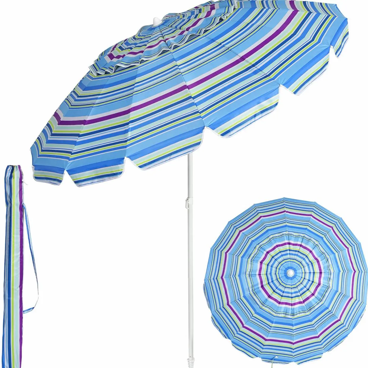 Tangkula 8FT Beach Umbrella, Portable Beach Umbrella W/Sand Anchor & Tilt Mechanism, 16 Sturdy Fiberglass Ribs