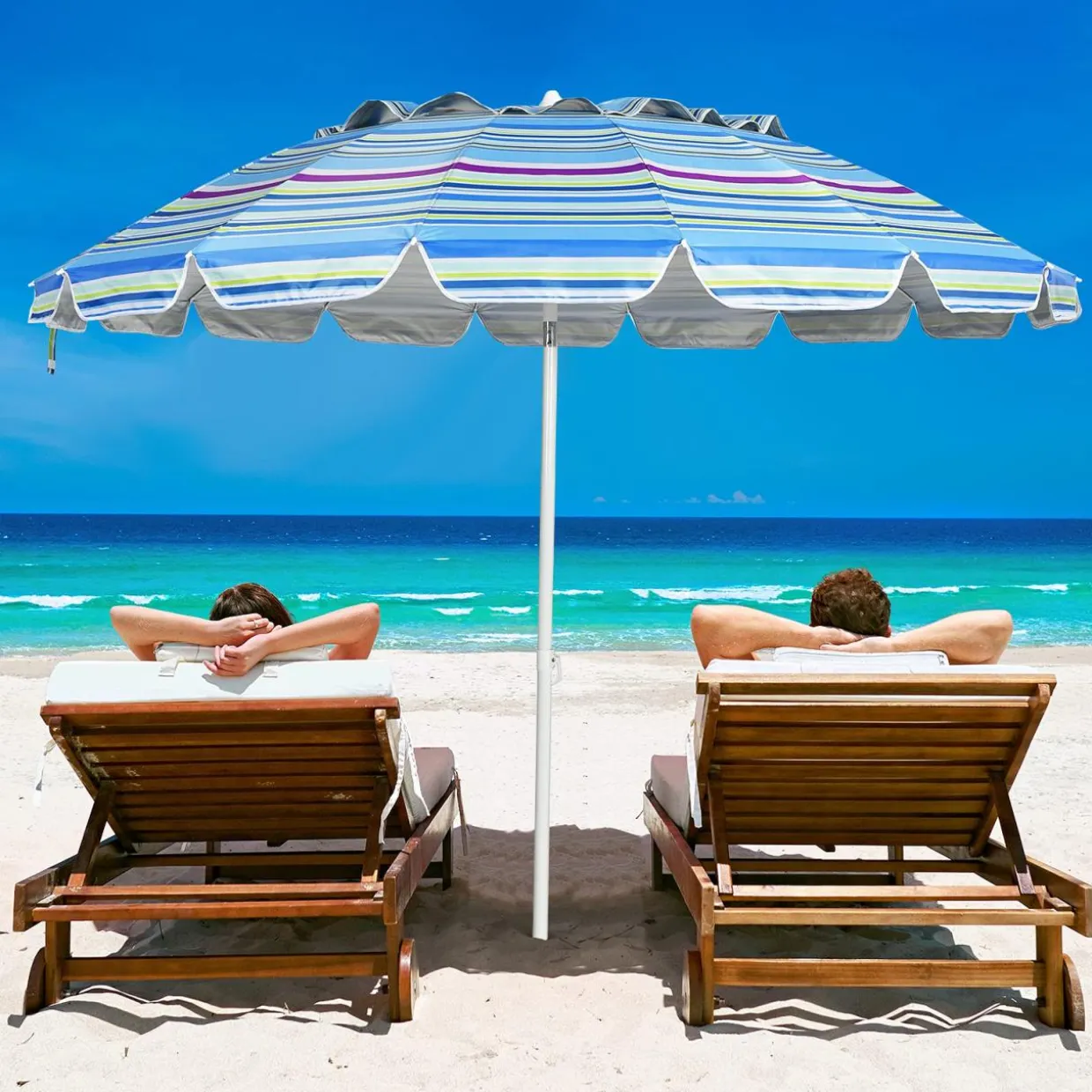 Tangkula 8FT Beach Umbrella, Portable Beach Umbrella W/Sand Anchor & Tilt Mechanism, 16 Sturdy Fiberglass Ribs