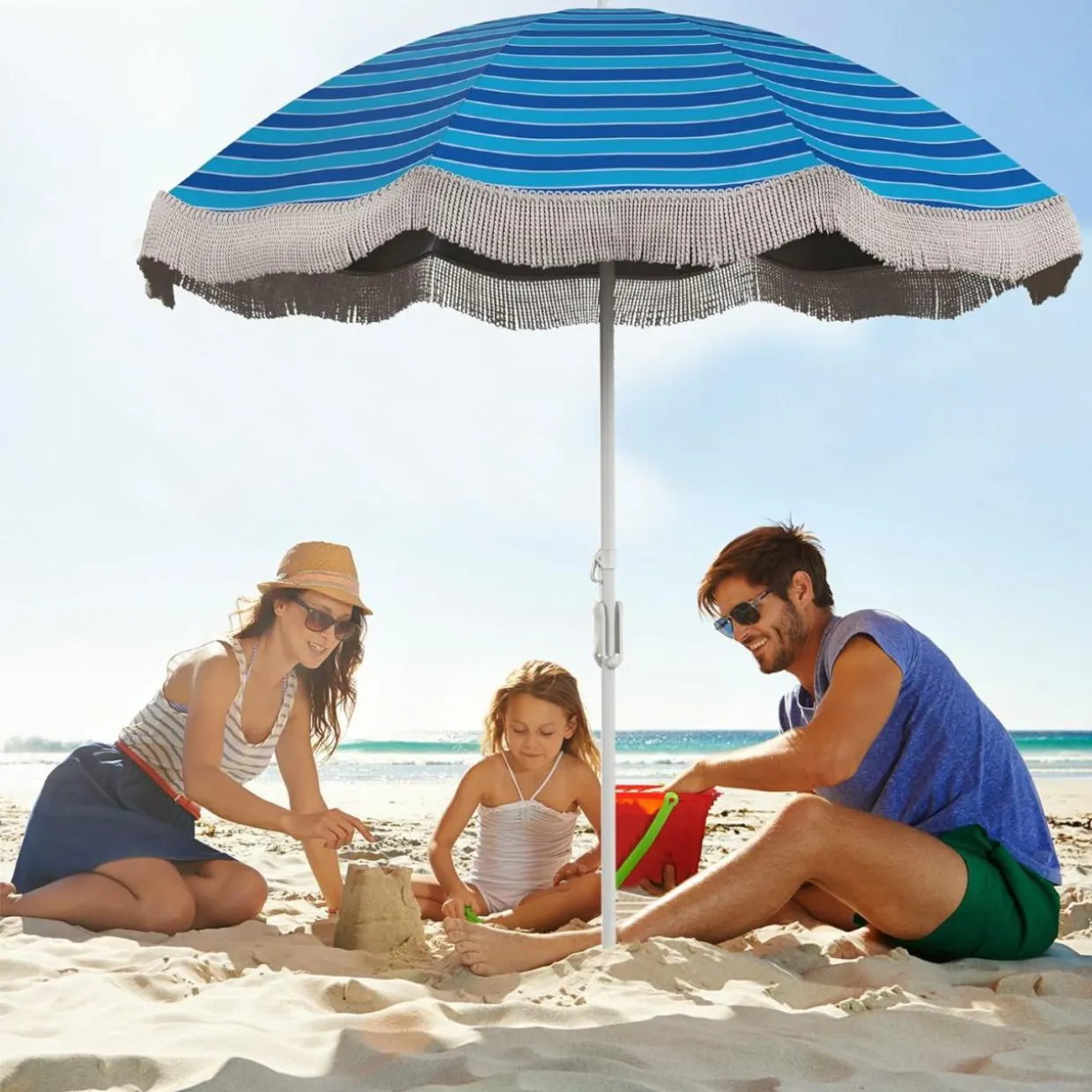 Tangkula 6.5FT Beach Umbrella with Fringe, UPF50+ Outdoor Boho Umbrella with Tassels, Push Button Tilt