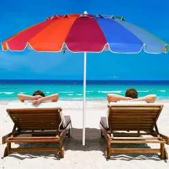 Tangkula 8FT Beach Umbrella, Portable Beach Umbrella W/Sand Anchor & Tilt Mechanism, 16 Sturdy Fiberglass Ribs