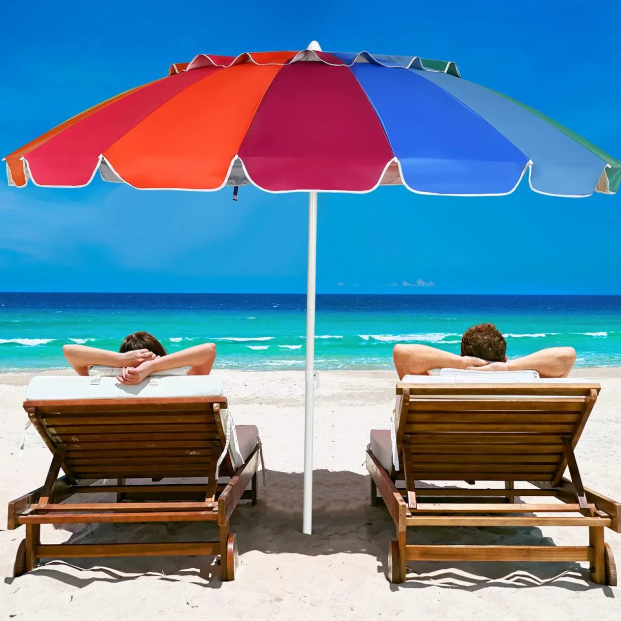 Tangkula 8FT Beach Umbrella, Portable Beach Umbrella W/Sand Anchor & Tilt Mechanism, 16 Sturdy Fiberglass Ribs