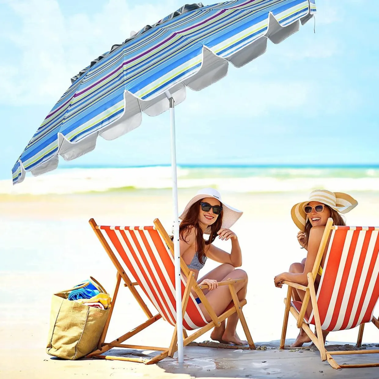 Tangkula 8FT Beach Umbrella, Portable Beach Umbrella W/Sand Anchor & Tilt Mechanism, 16 Sturdy Fiberglass Ribs