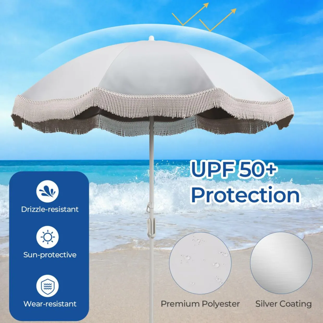Tangkula 6.5FT Beach Umbrella with Fringe, UPF50+ Outdoor Boho Umbrella with Tassels, Push Button Tilt
