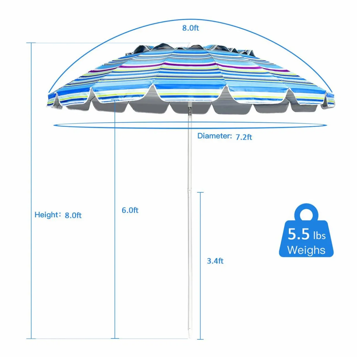 Tangkula 8FT Beach Umbrella, Portable Beach Umbrella W/Sand Anchor & Tilt Mechanism, 16 Sturdy Fiberglass Ribs