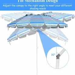 Tangkula 8FT Beach Umbrella, Portable Beach Umbrella W/Sand Anchor & Tilt Mechanism, 16 Sturdy Fiberglass Ribs