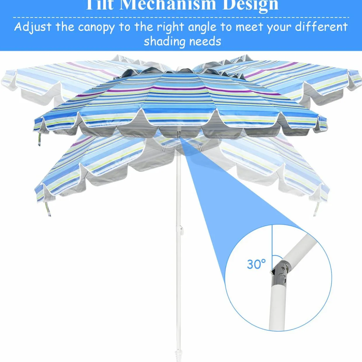 Tangkula 8FT Beach Umbrella, Portable Beach Umbrella W/Sand Anchor & Tilt Mechanism, 16 Sturdy Fiberglass Ribs