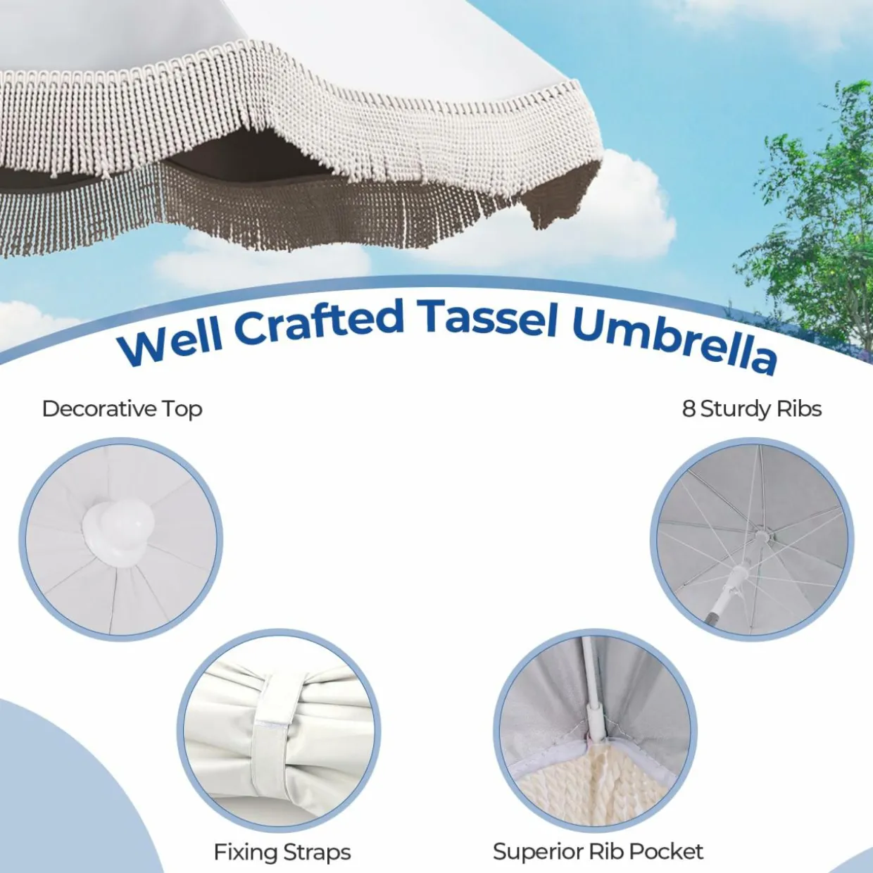 Tangkula 6.5FT Beach Umbrella with Fringe, UPF50+ Outdoor Boho Umbrella with Tassels, Push Button Tilt