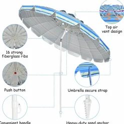 Tangkula 8FT Beach Umbrella, Portable Beach Umbrella W/Sand Anchor & Tilt Mechanism, 16 Sturdy Fiberglass Ribs
