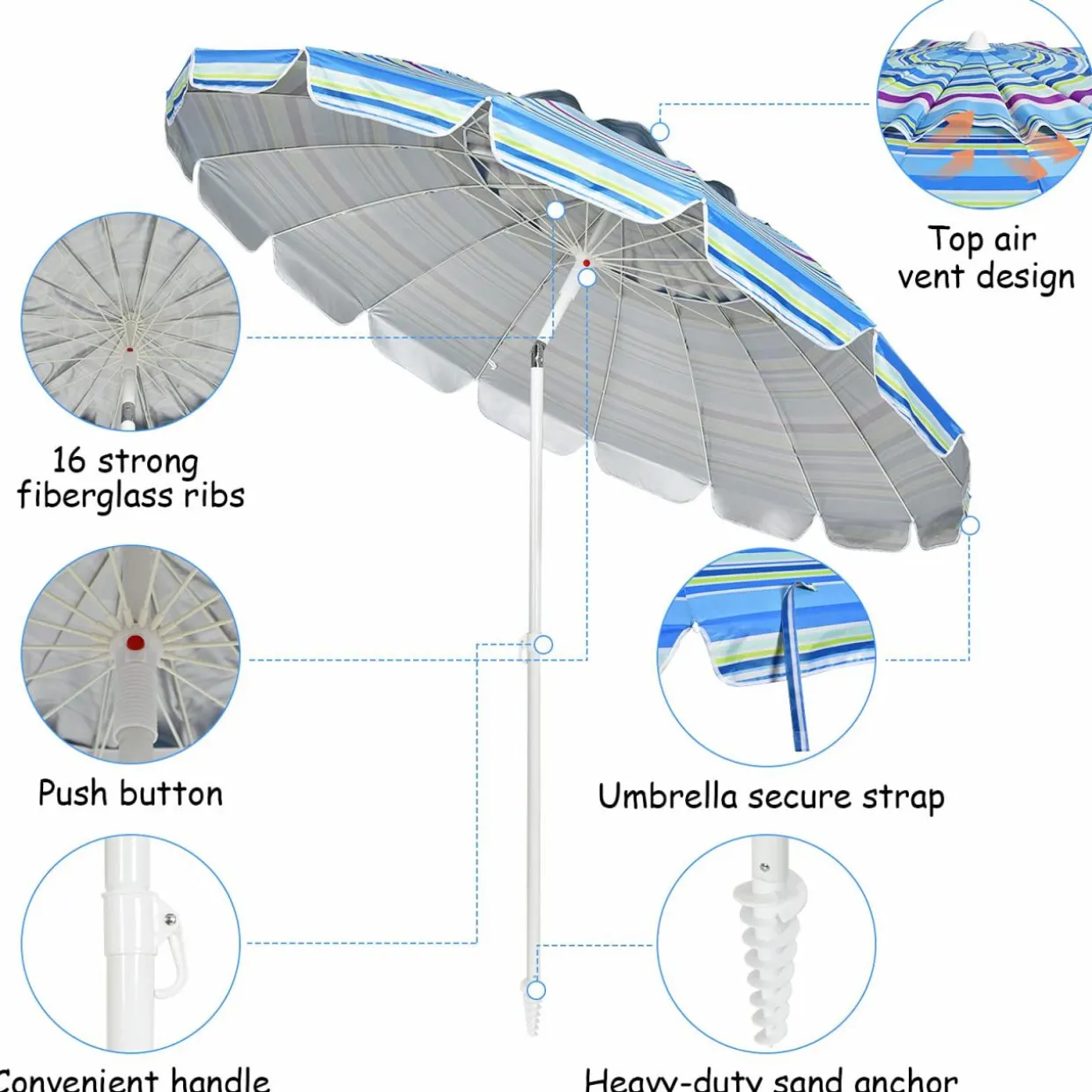 Tangkula 8FT Beach Umbrella, Portable Beach Umbrella W/Sand Anchor & Tilt Mechanism, 16 Sturdy Fiberglass Ribs