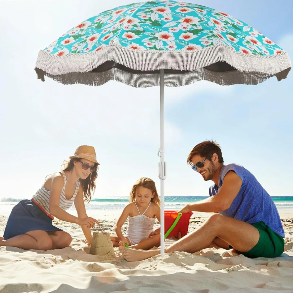 Tangkula 6.5FT Beach Umbrella with Fringe, UPF50+ Outdoor Boho Umbrella with Tassels, Push Button Tilt