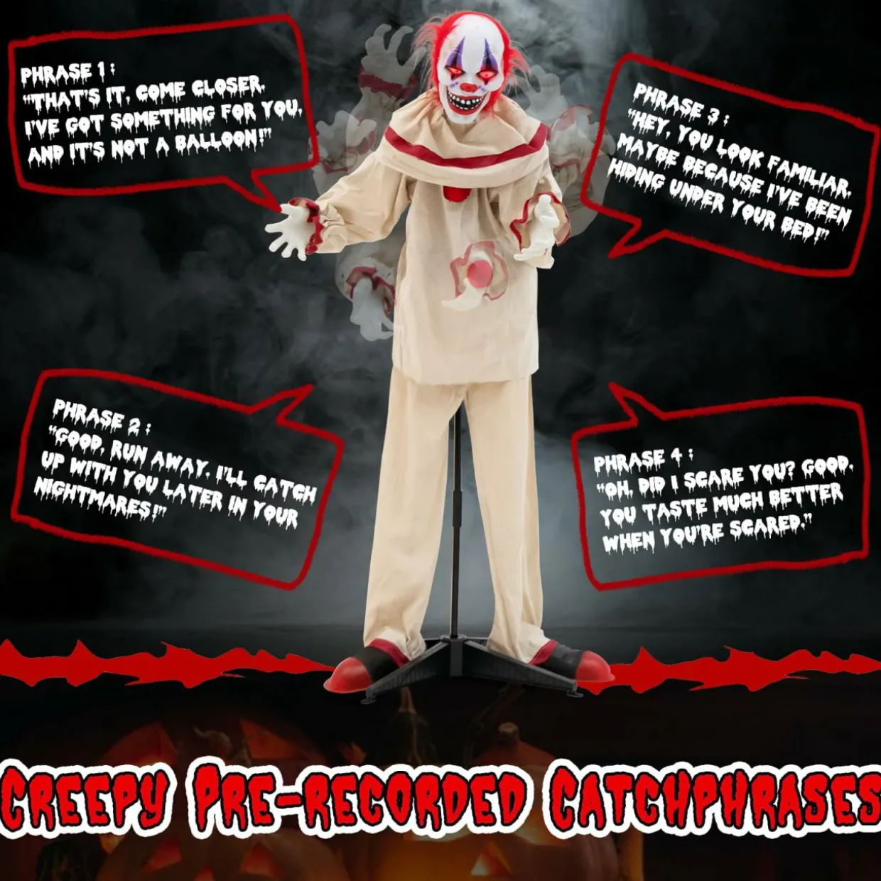 Tangkula 5FT Grins Animatronic Killer Clown, Indoor Outdoor Scary Clown Halloween Decoration with Pre-Recorded Creepy Sound