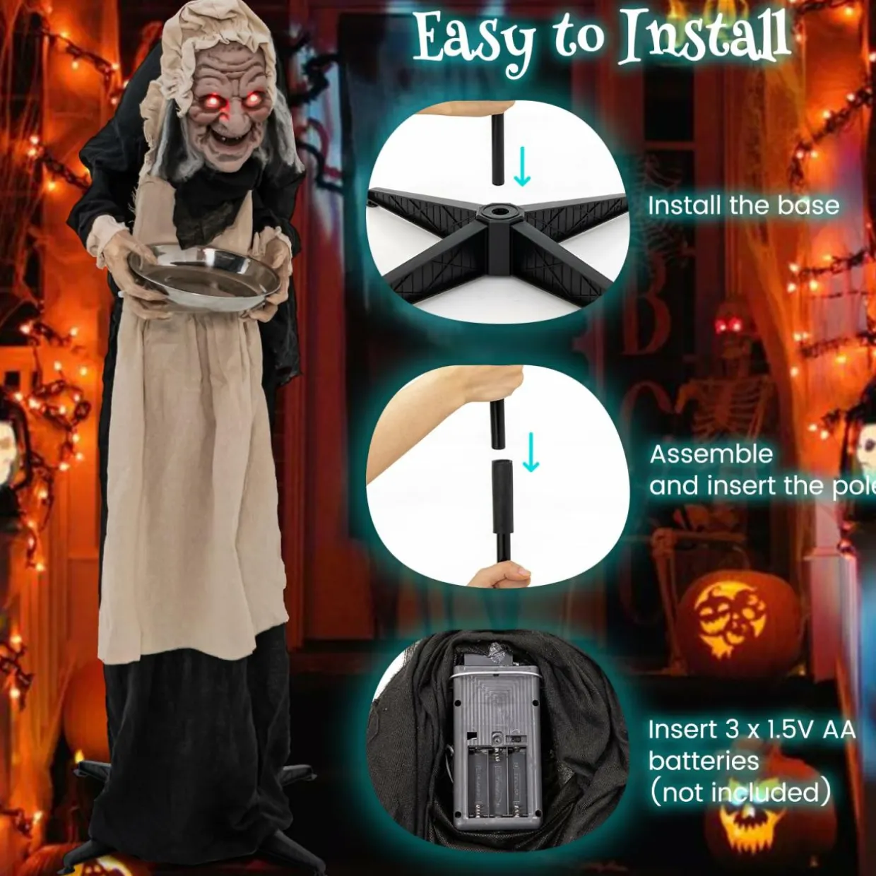 Tangkula 5.2FT Halloween Animated Standing Greeter Old Lady with Candy Dish