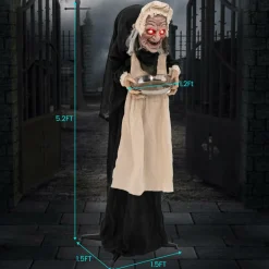 Tangkula 5.2FT Halloween Animated Standing Greeter Old Lady with Candy Dish