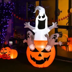 Tangkula 6ft Halloween Inflatables Ghost, Pumpkin-Halloween Blow Up Yard Decorations w/Build-in LED Light