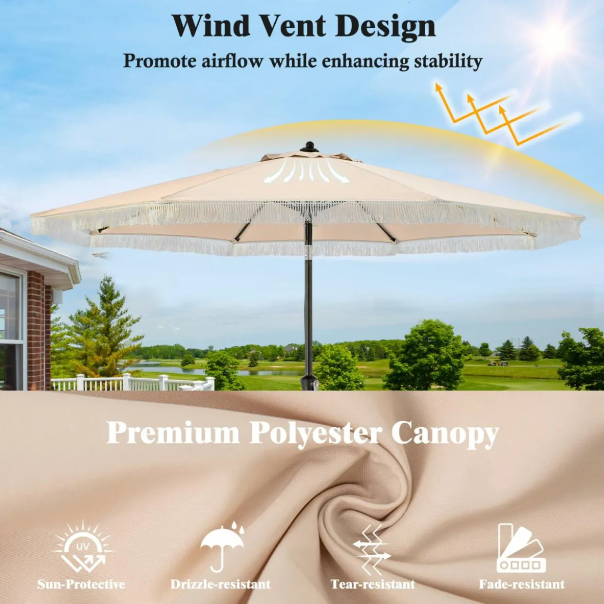 Tangkula 9Ft Patio Umbrella with Fringe, Boho Umbrella with Tassels, Crank Handle, Push Button Tilt