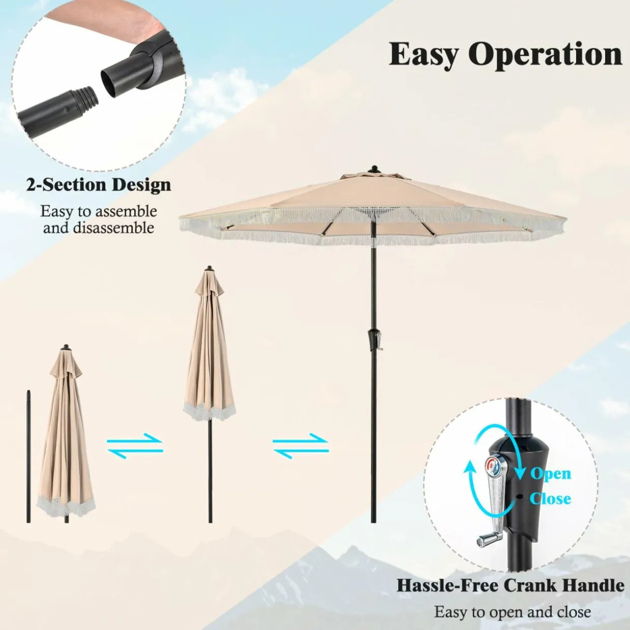 Tangkula 9Ft Patio Umbrella with Fringe, Boho Umbrella with Tassels, Crank Handle, Push Button Tilt