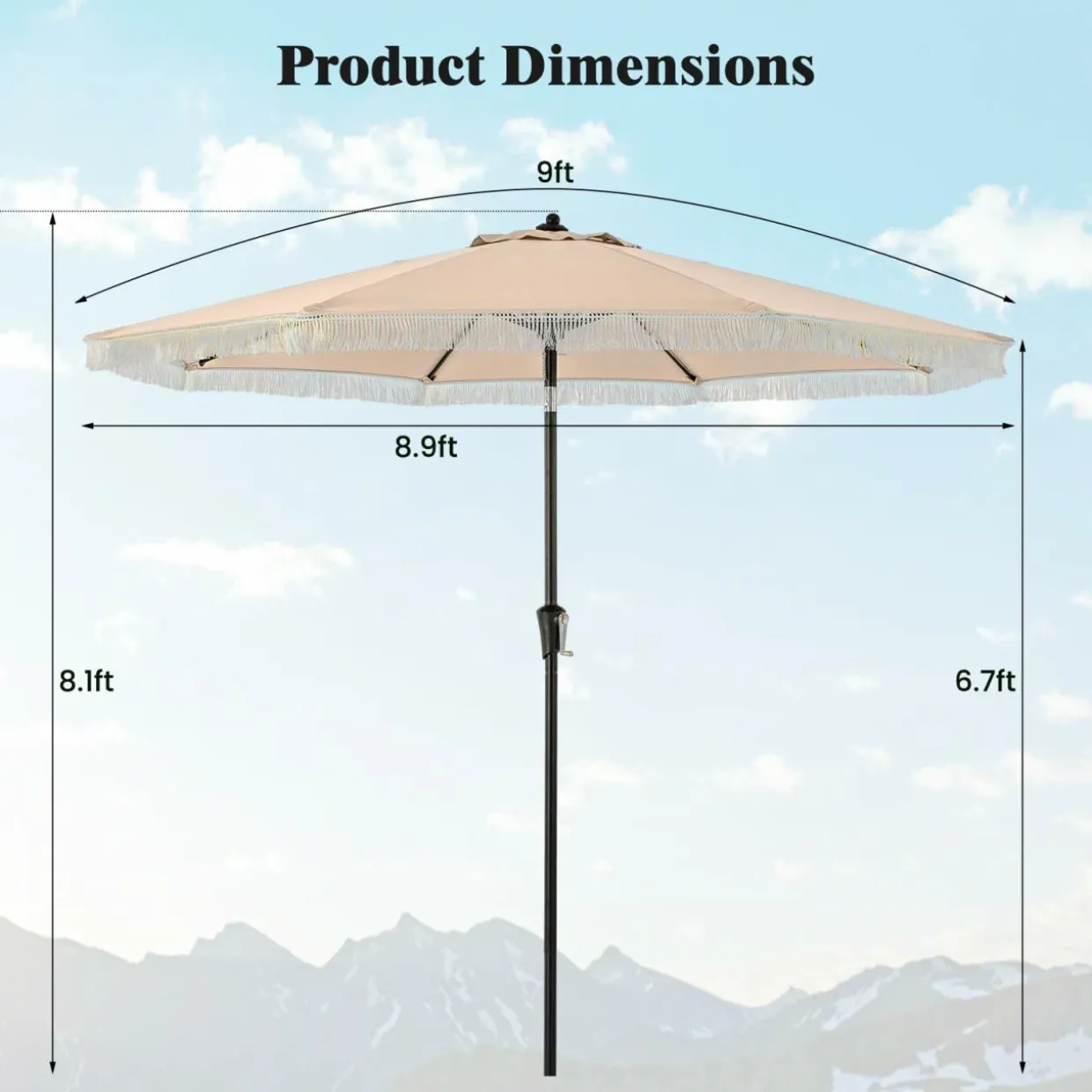 Tangkula 9Ft Patio Umbrella with Fringe, Boho Umbrella with Tassels, Crank Handle, Push Button Tilt