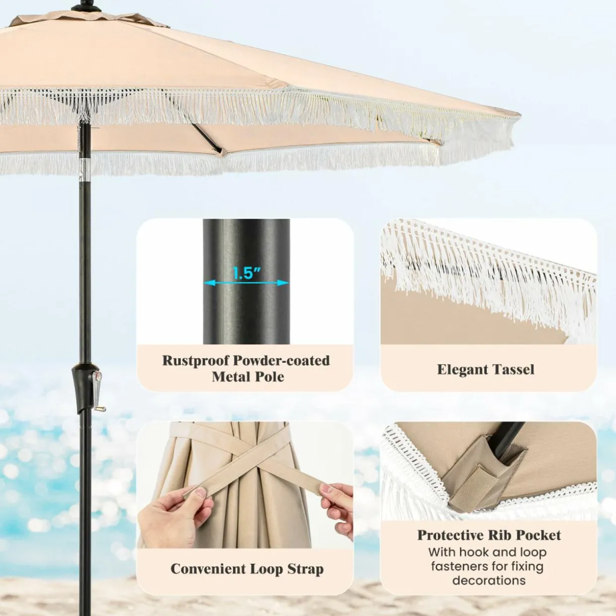 Tangkula 9Ft Patio Umbrella with Fringe, Boho Umbrella with Tassels, Crank Handle, Push Button Tilt