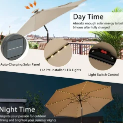 TANGKULA 10FT Solar Umbrella, Patio Umbrella with 112 LED Lights