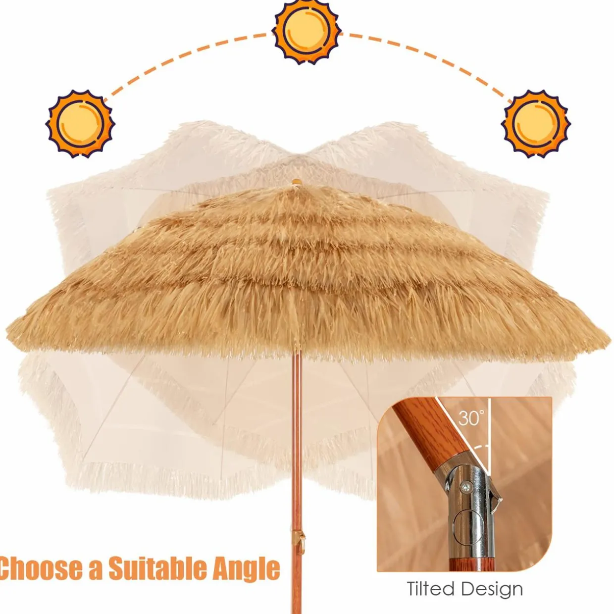 Tangkula 6.5ft Thatched Tiki Umbrella, Hawaiian Style Beach Patio Umbrella with Adjustable Tilt