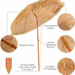 Tangkula 6.5ft Thatched Tiki Umbrella, Hawaiian Style Beach Patio Umbrella with Adjustable Tilt