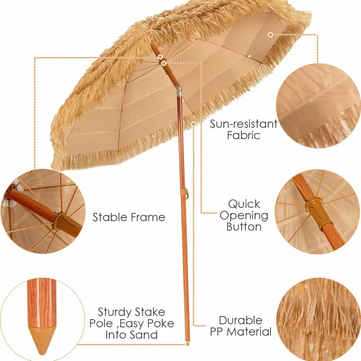 Tangkula 6.5ft Thatched Tiki Umbrella, Hawaiian Style Beach Patio Umbrella with Adjustable Tilt