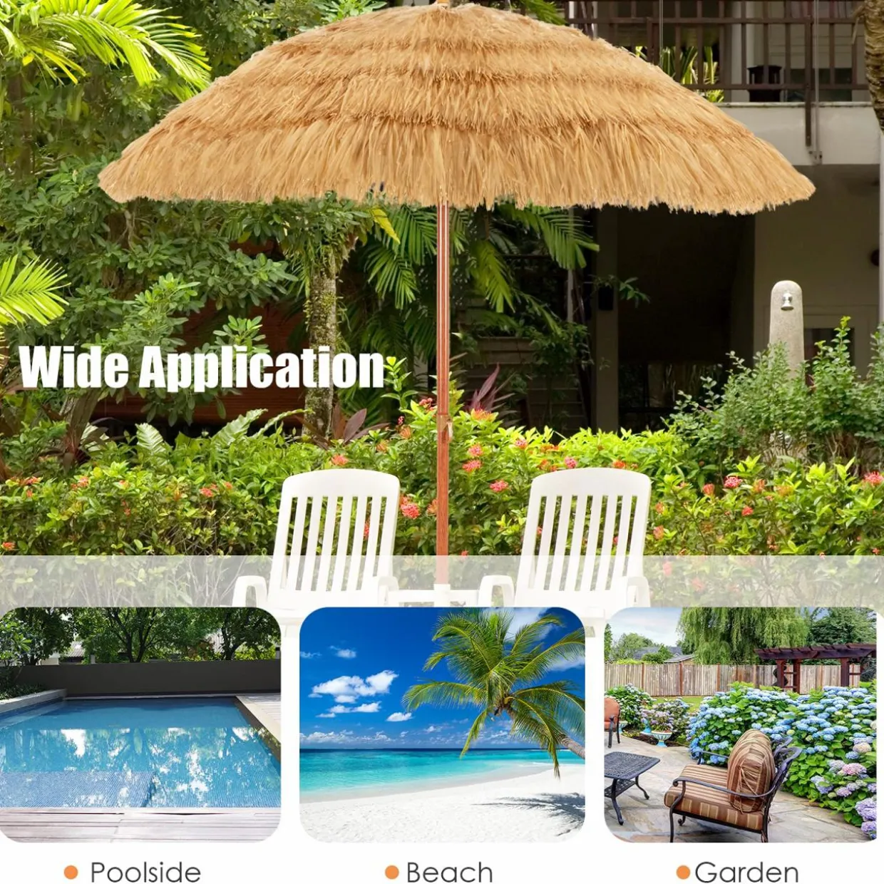 Tangkula 6.5ft Thatched Tiki Umbrella, Hawaiian Style Beach Patio Umbrella with Adjustable Tilt