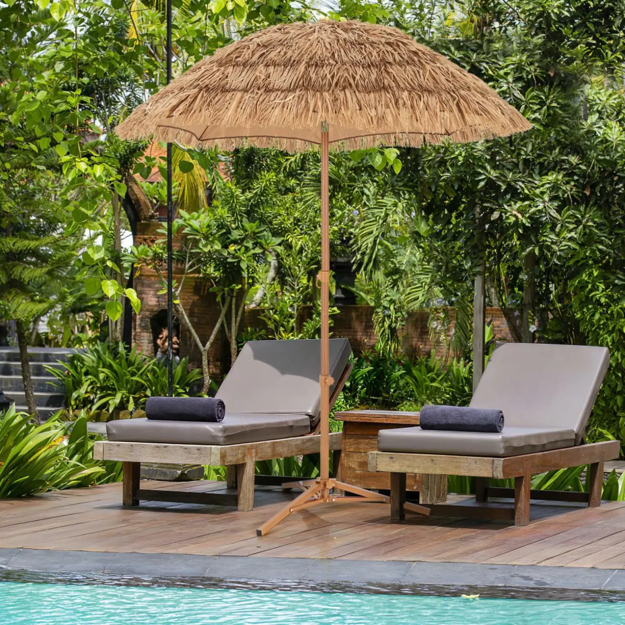 Tangkula 6.5Ft Tiki Patio Umbrella with Base, Hawaiian Style Outdoor PP Grass Umbrella