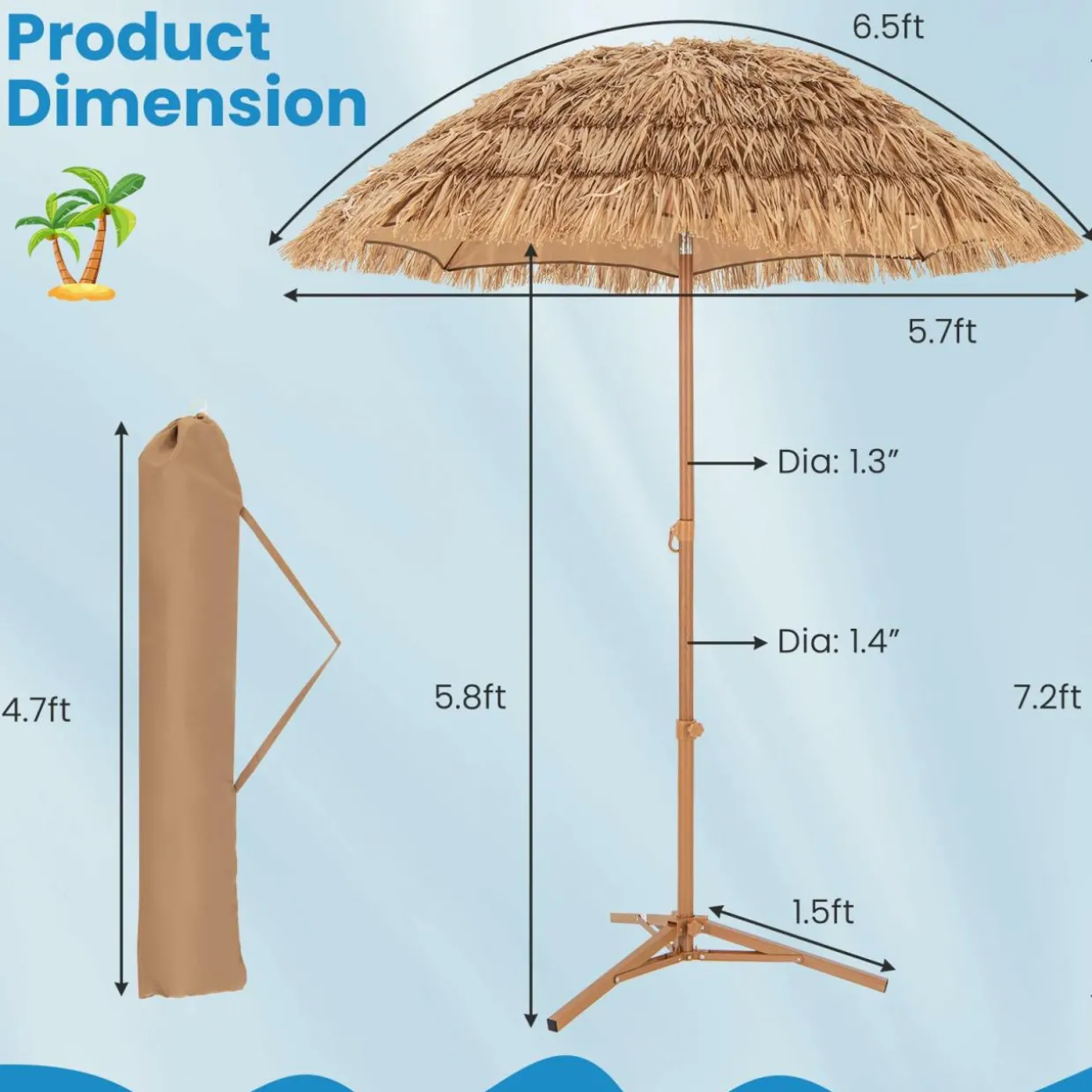 Tangkula 6.5Ft Tiki Patio Umbrella with Base, Hawaiian Style Outdoor PP Grass Umbrella