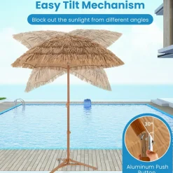Tangkula 6.5Ft Tiki Patio Umbrella with Base, Hawaiian Style Outdoor PP Grass Umbrella
