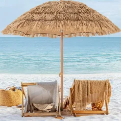 Tangkula 6.5Ft Tiki Patio Umbrella with Base, Hawaiian Style Outdoor PP Grass Umbrella