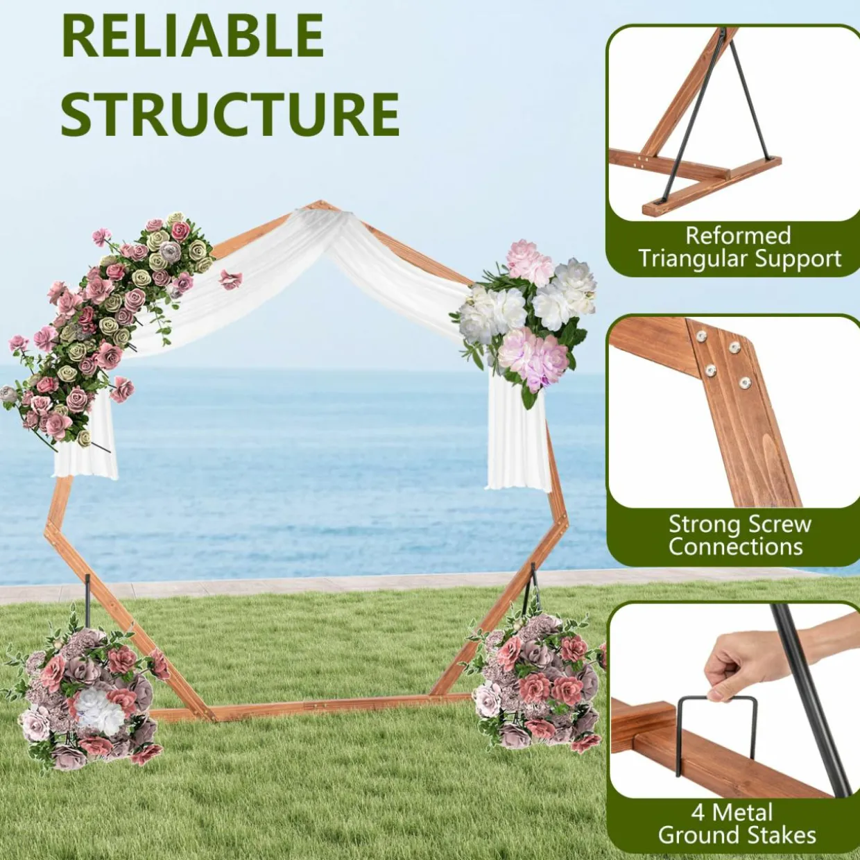 Tangkula 7FT Wedding Arch, Heptagon Wooden Arch for Wedding Ceremony