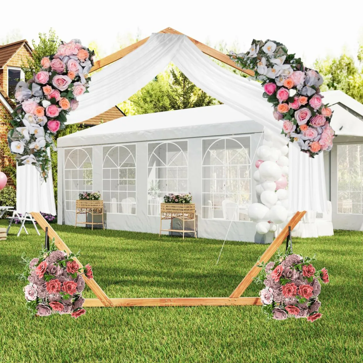 Tangkula 7FT Wedding Arch, Heptagon Wooden Arch for Wedding Ceremony