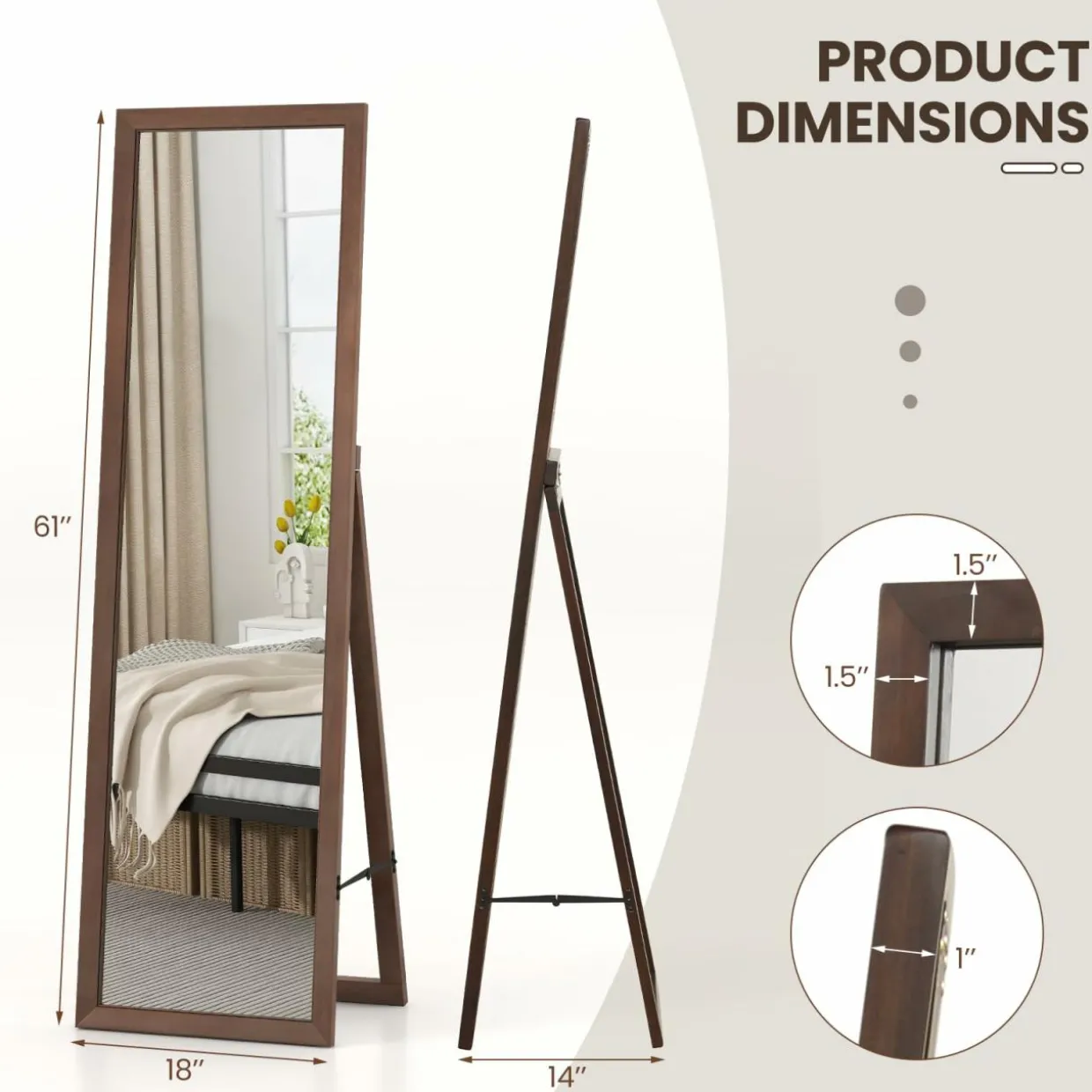 Tangkula Full Length Mirror with Stand, Solid Wood Frame Floor Mirror, Free Standing Full Body Mirror