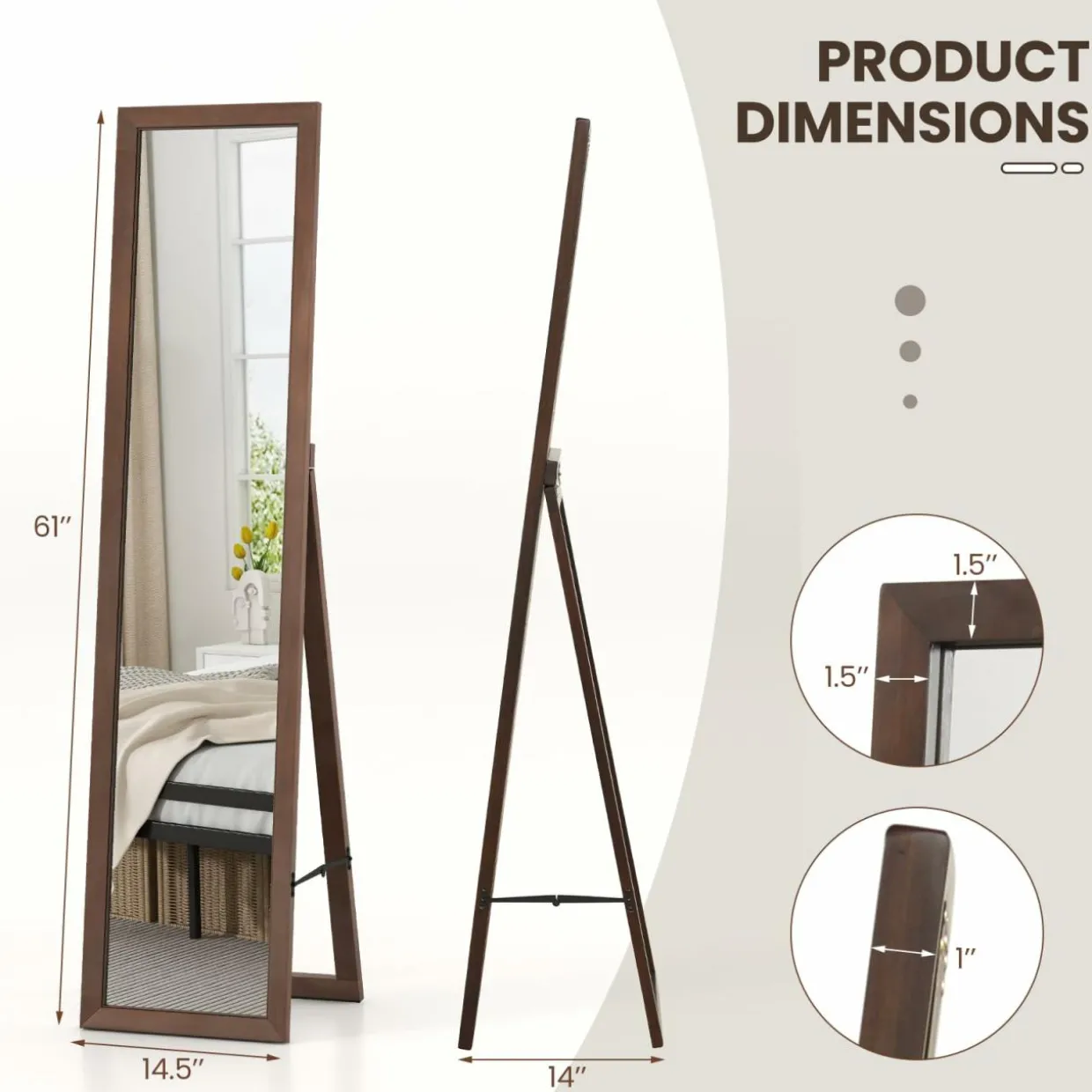 Tangkula Full Length Mirror with Stand, Solid Wood Frame Floor Mirror, Free Standing Full Body Mirror