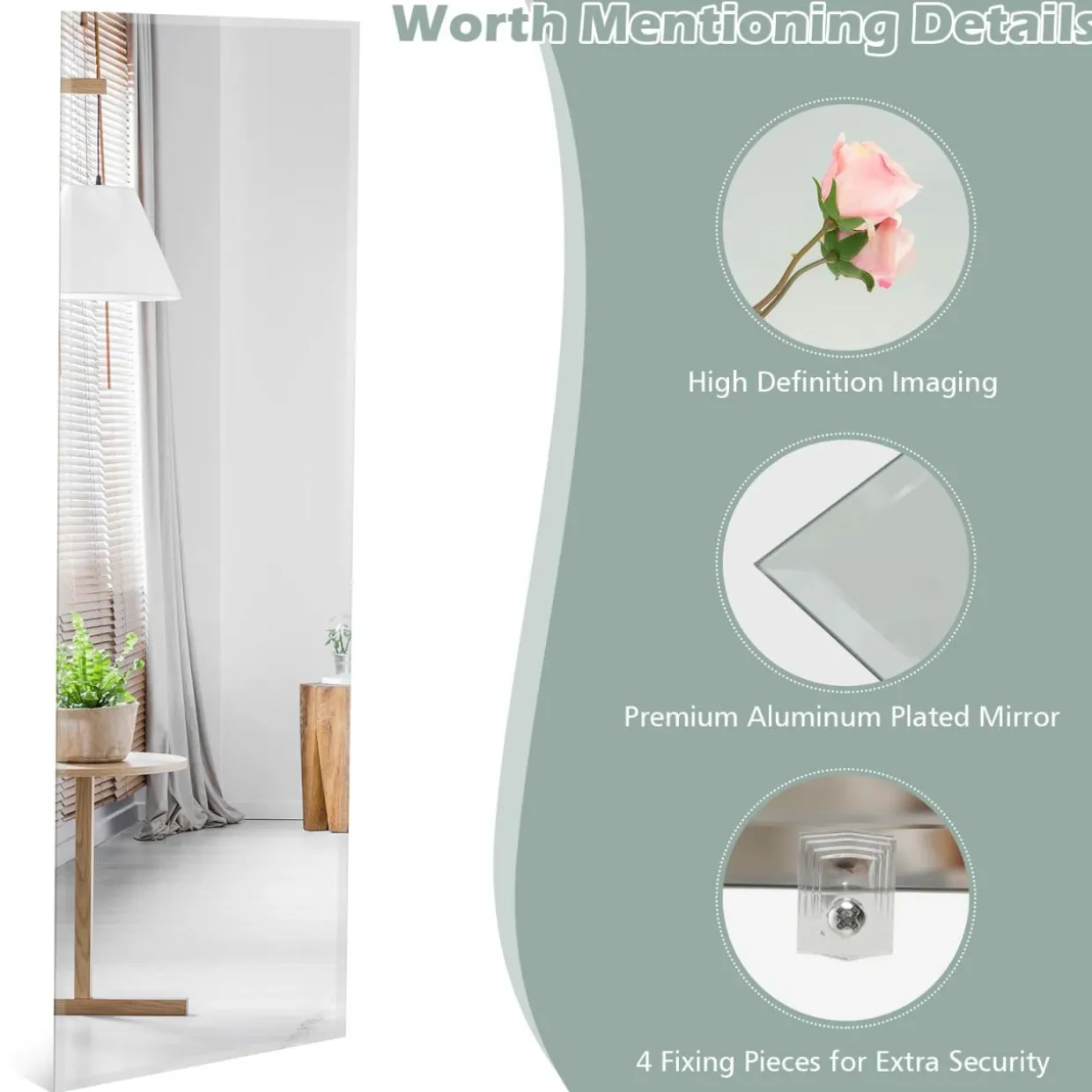 Tangkula Full Length Mirror Wall Mounted , 43 x 15 Inch Rectangle Frameless Mirror w/Beveled Edge, Wall Dressing Mirror