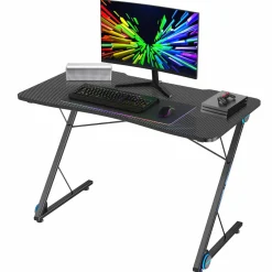 Tangkula Gaming Computer Desk, Z-Shaped Home Office Computer Table with LED Lights & Large Carbon Fiber Surface